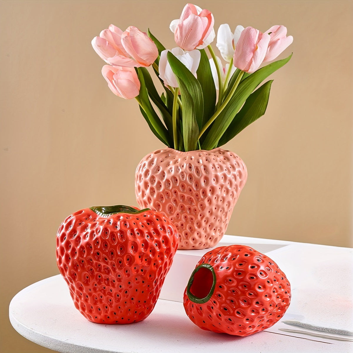 Keramische Vaas Set - FruitCraft - Aardbei Design - Elegante Woondecoratie