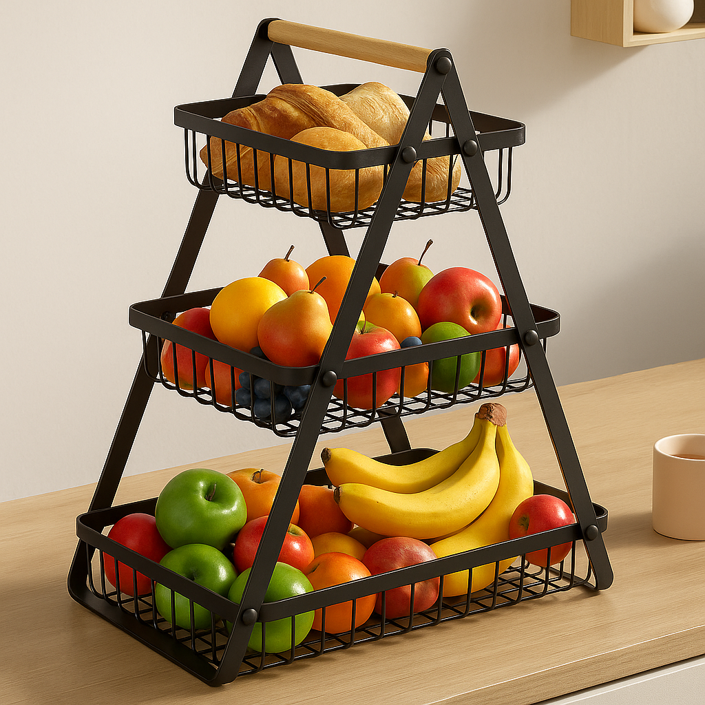 Fruitschaal Standaard - Frutivo - Metalen Opslag - Houten Handvat Ontwerp