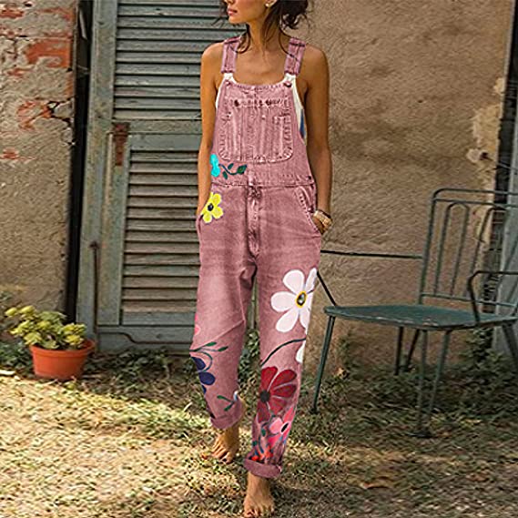 Denim jumpsuit - FloralGlam - Stijlvolle Pasvorm - Hoge Taille