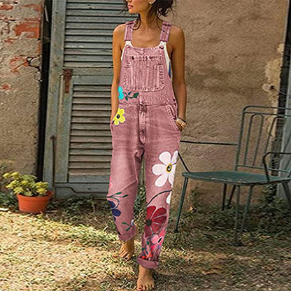 Denim jumpsuit - FloralGlam - Stijlvolle Pasvorm - Hoge Taille