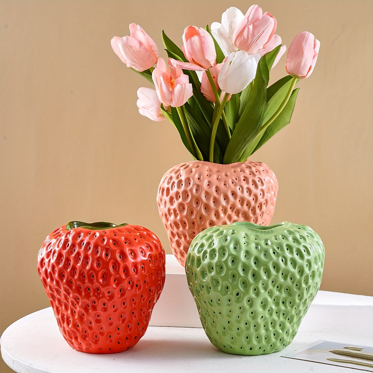 Keramische Vaas Set - FruitCraft - Aardbei Design - Elegante Woondecoratie