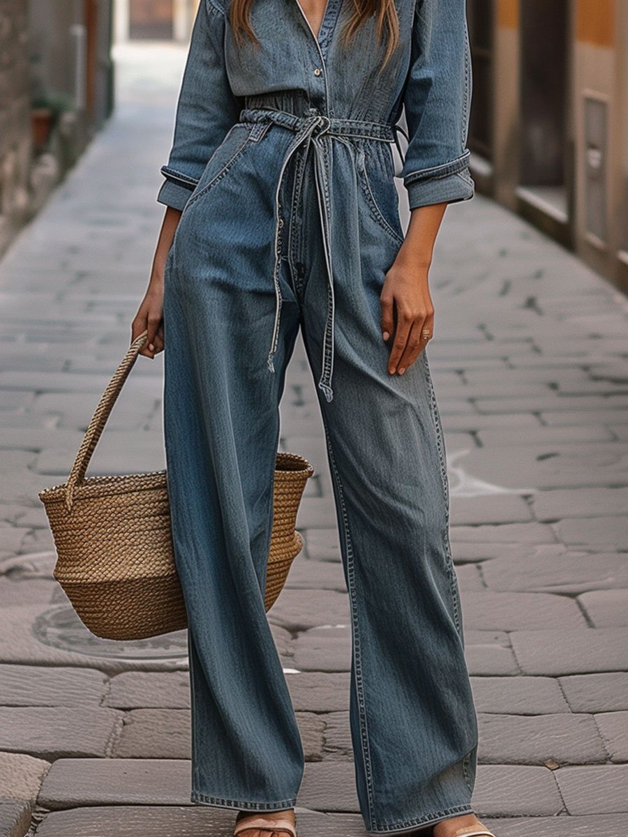 Jumpsuit - DenimFit - Wijde Pijpen - Touwsluiting Taille