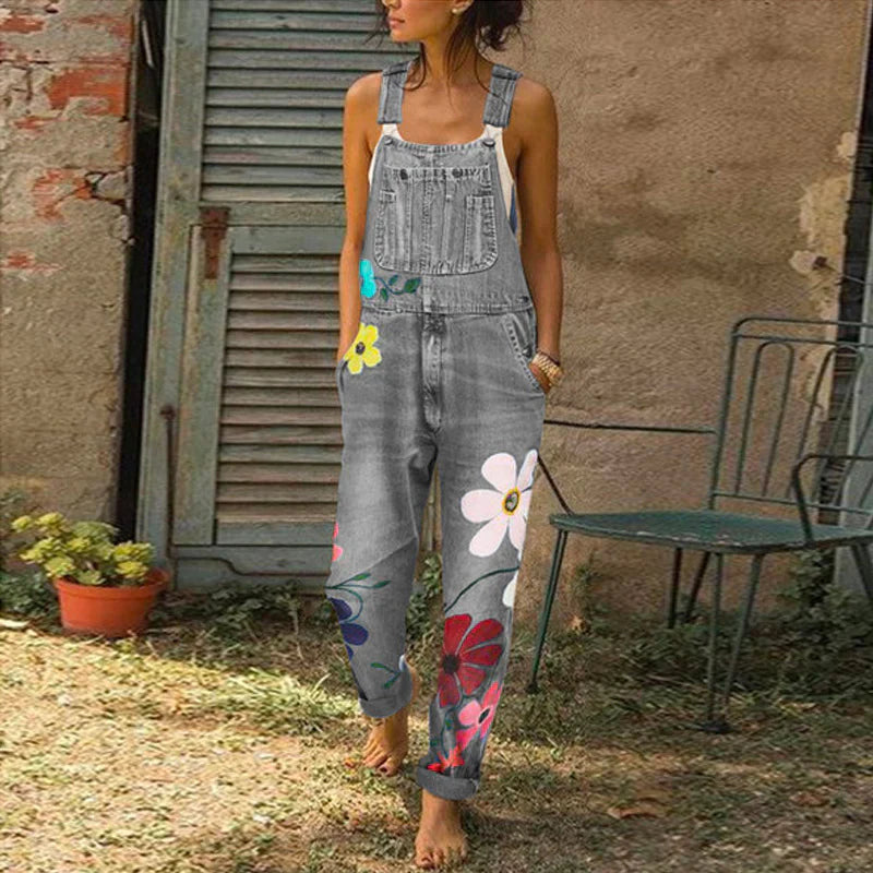 Denim jumpsuit - FloralGlam - Stijlvolle Pasvorm - Hoge Taille