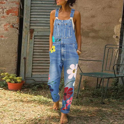 Denim jumpsuit - FloralGlam - Stijlvolle Pasvorm - Hoge Taille