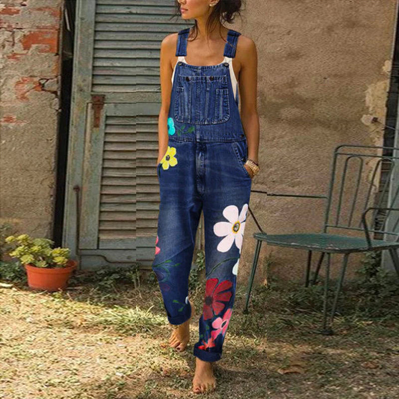 Denim jumpsuit - FloralGlam - Stijlvolle Pasvorm - Hoge Taille