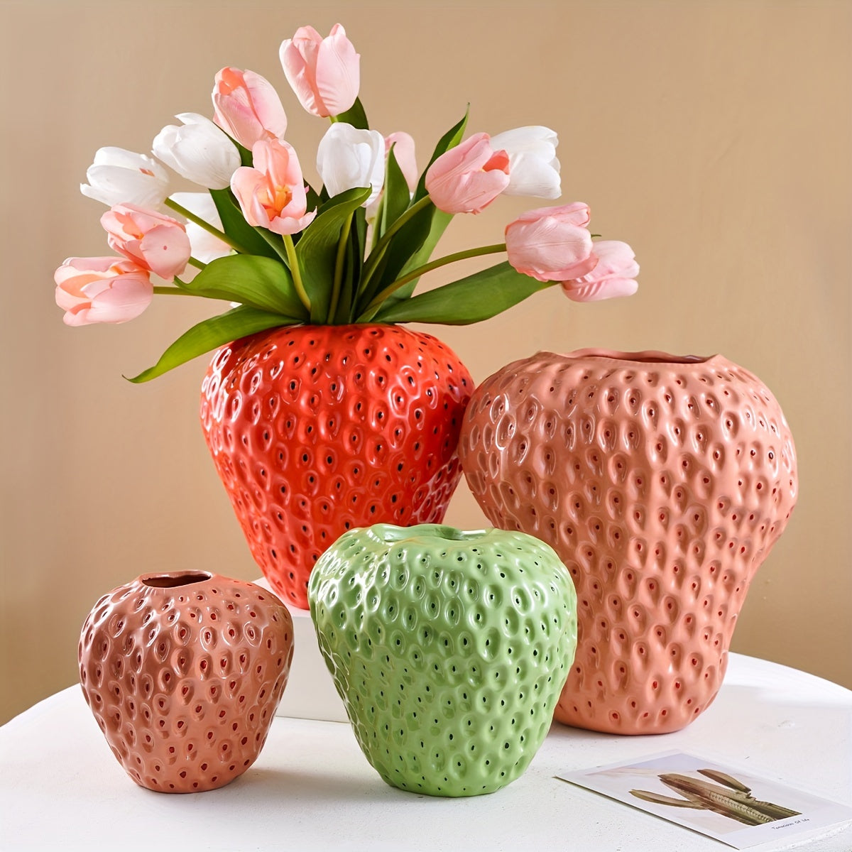 Keramische Vaas Set - FruitCraft - Aardbei Design - Elegante Woondecoratie